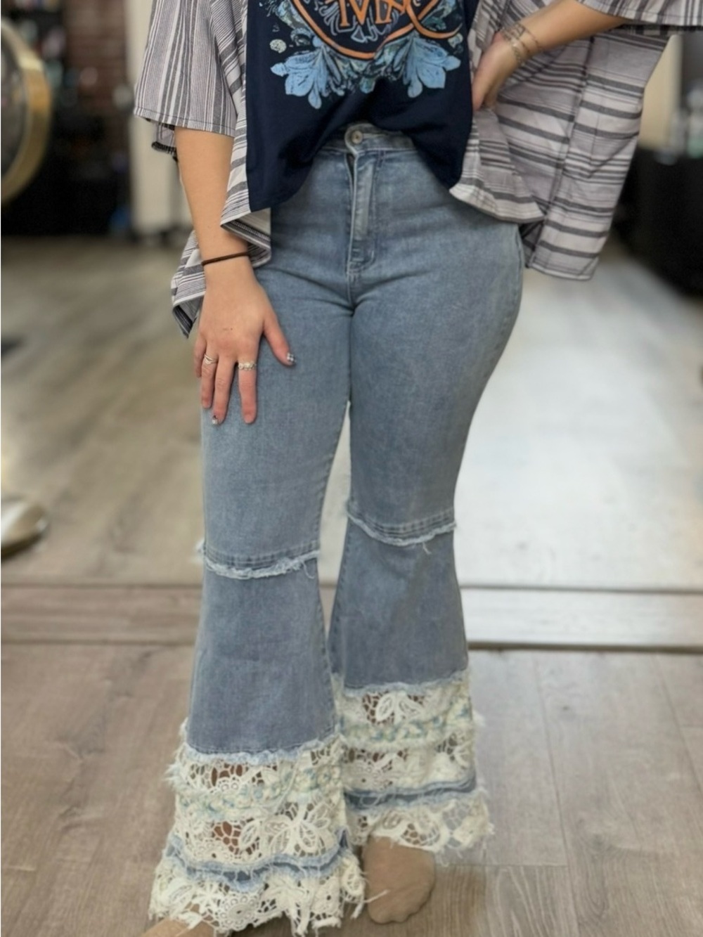 POL Grey Flare Jeans with Lace Patch and Frayed Hem